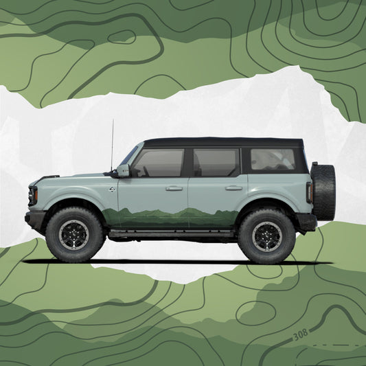 Ford Bronco Graphics - Mountain Range Landscape Topographic Map Pattern Decal - Side Stripe Wrap Kit - Kit of 2