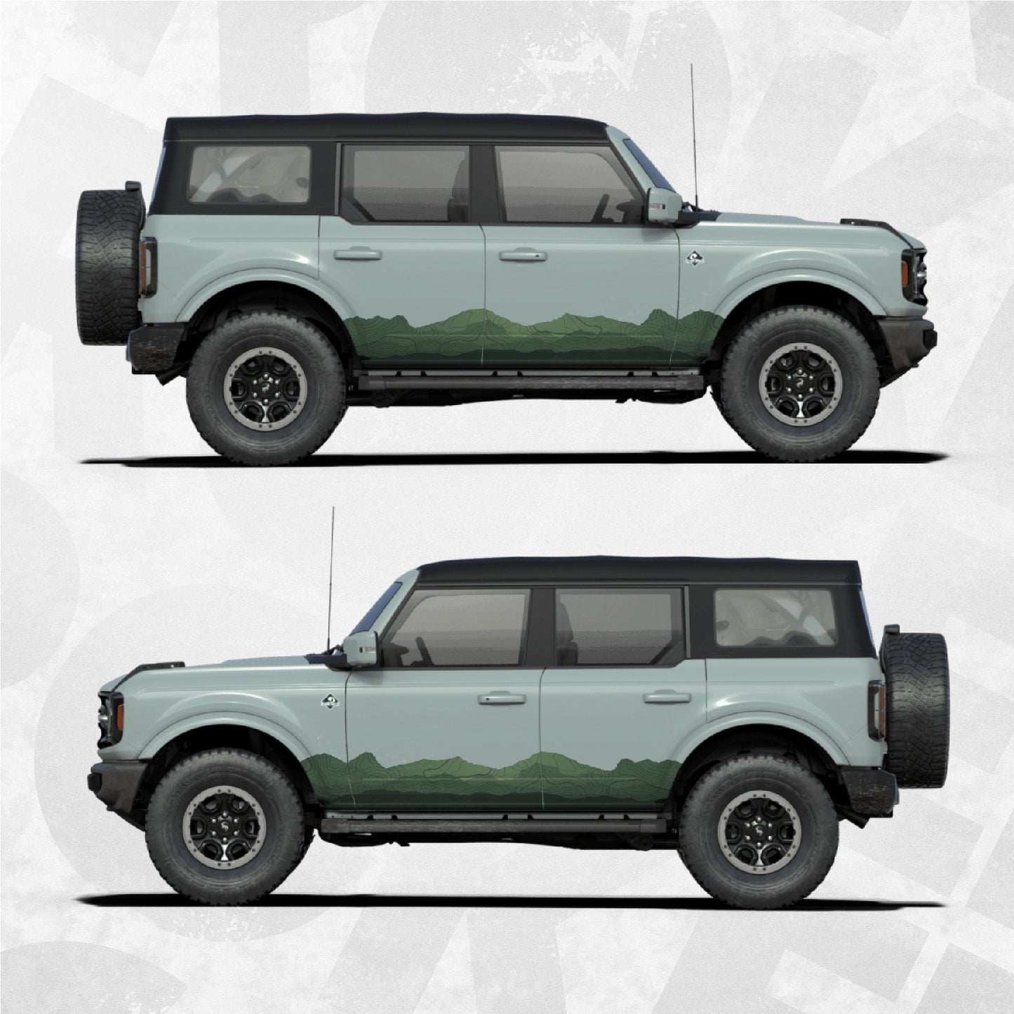 Ford Bronco Graphics - Mountain Range Landscape Topographic Map Pattern Decal - Side Stripe Wrap Kit - Kit of 2