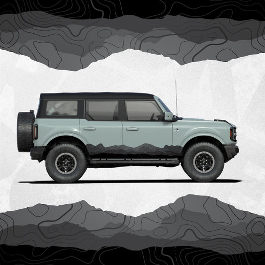 Ford Bronco Decals - Mountain Landscape Topographic Map Pattern in Black Scheme - Side Stripe Wrap Kit of 2