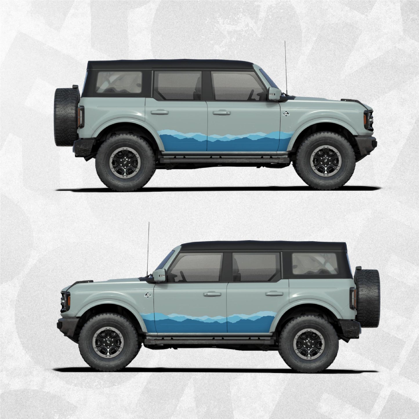 Ford Bronco Decals - Blue Mountain Landscape Topographic Graphics - Side Stripe Wrap Kit of 2