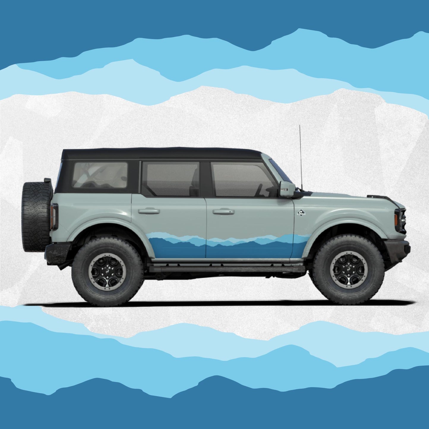 Ford Bronco Decals - Blue Mountain Landscape Topographic Graphics - Side Stripe Wrap Kit of 2