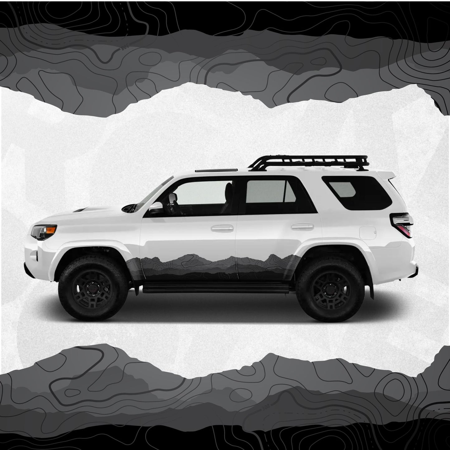 Toyota 4Runner Decals - Mountain Landscape Topographic Map Pattern in Black Scheme - Side Stripe Wrap Kit of 2