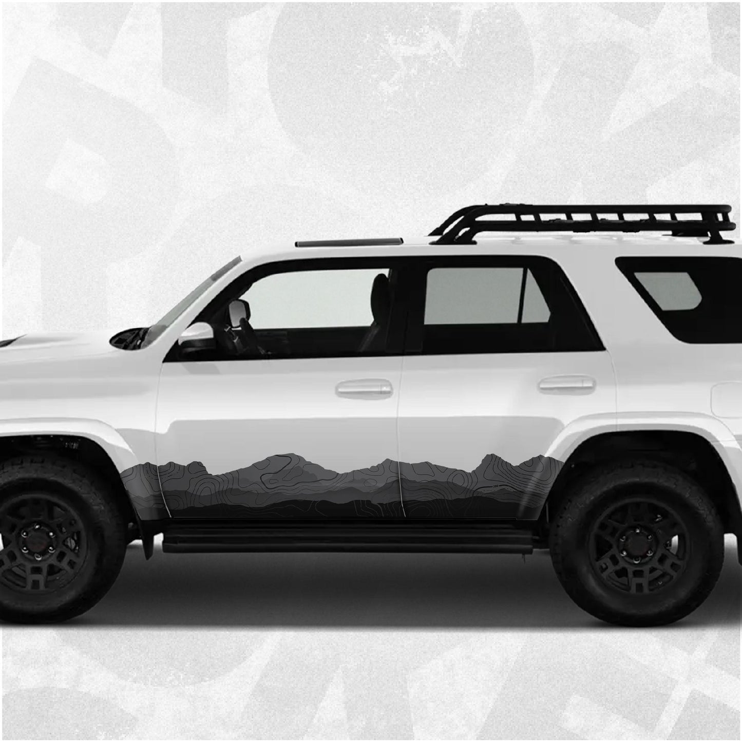 Toyota 4Runner Decals - Mountain Landscape Topographic Map Pattern in Black Scheme - Side Stripe Wrap Kit of 2