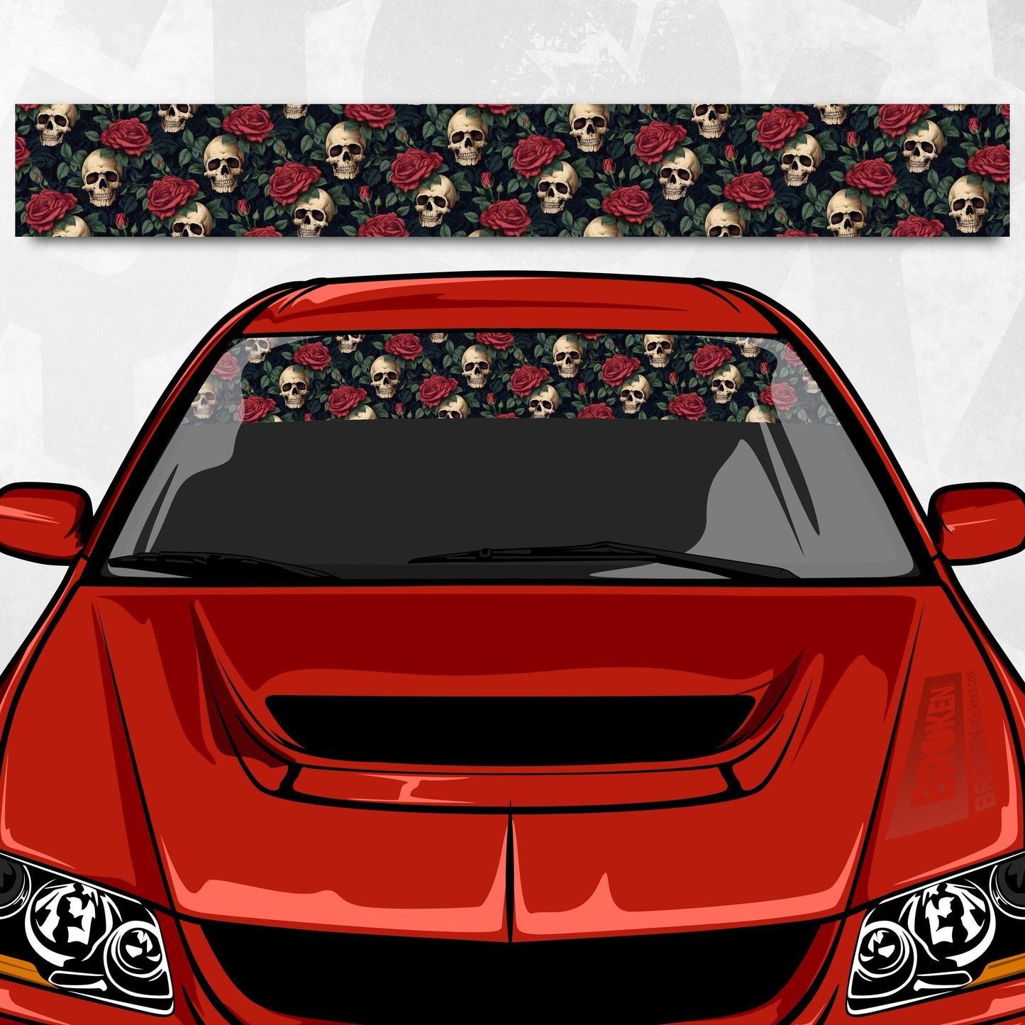 Skull and Roses Windshield Banner Decal - Gothic Floral Car Accessory, Universal Fit