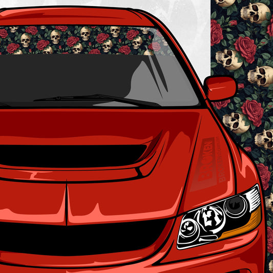 skulls and roses car windshield banner